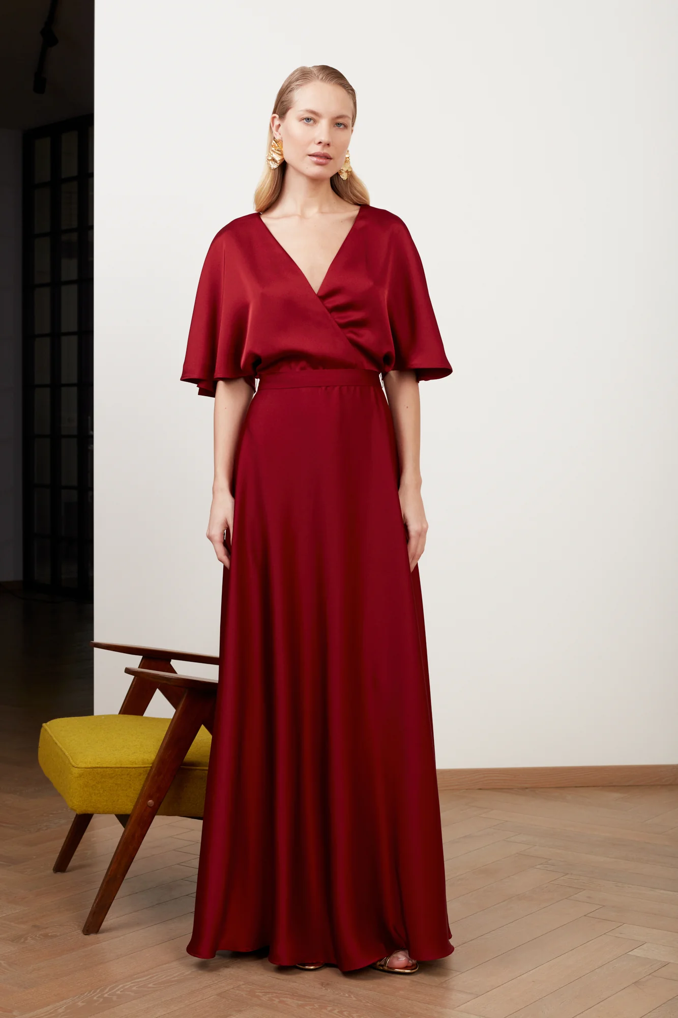 SOLENE burgundy red satin maxi evening dress - Image 3