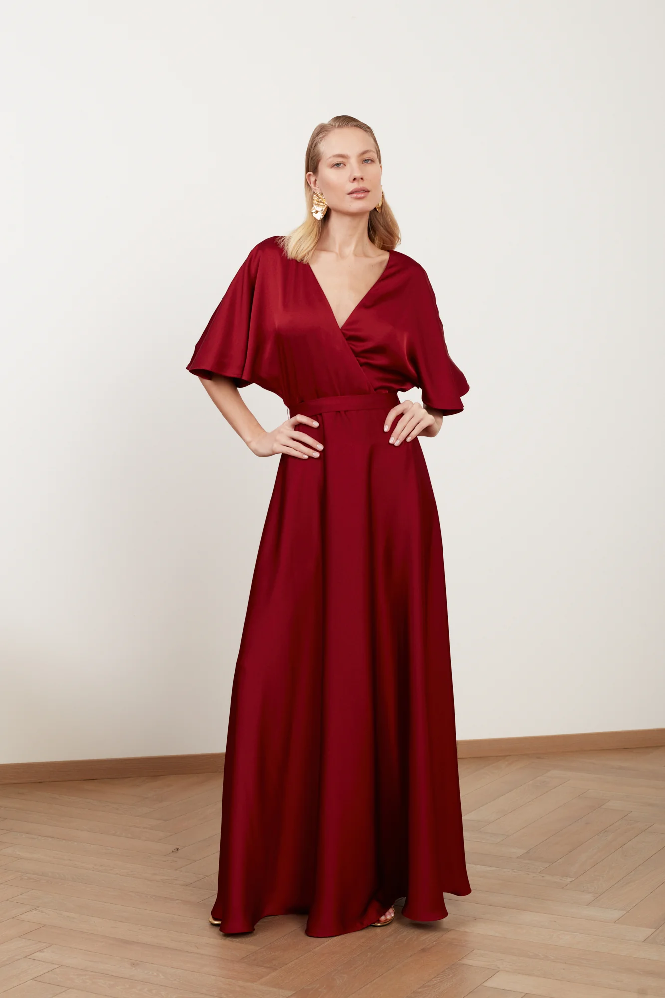 SOLENE burgundy red satin maxi evening dress - Image 4