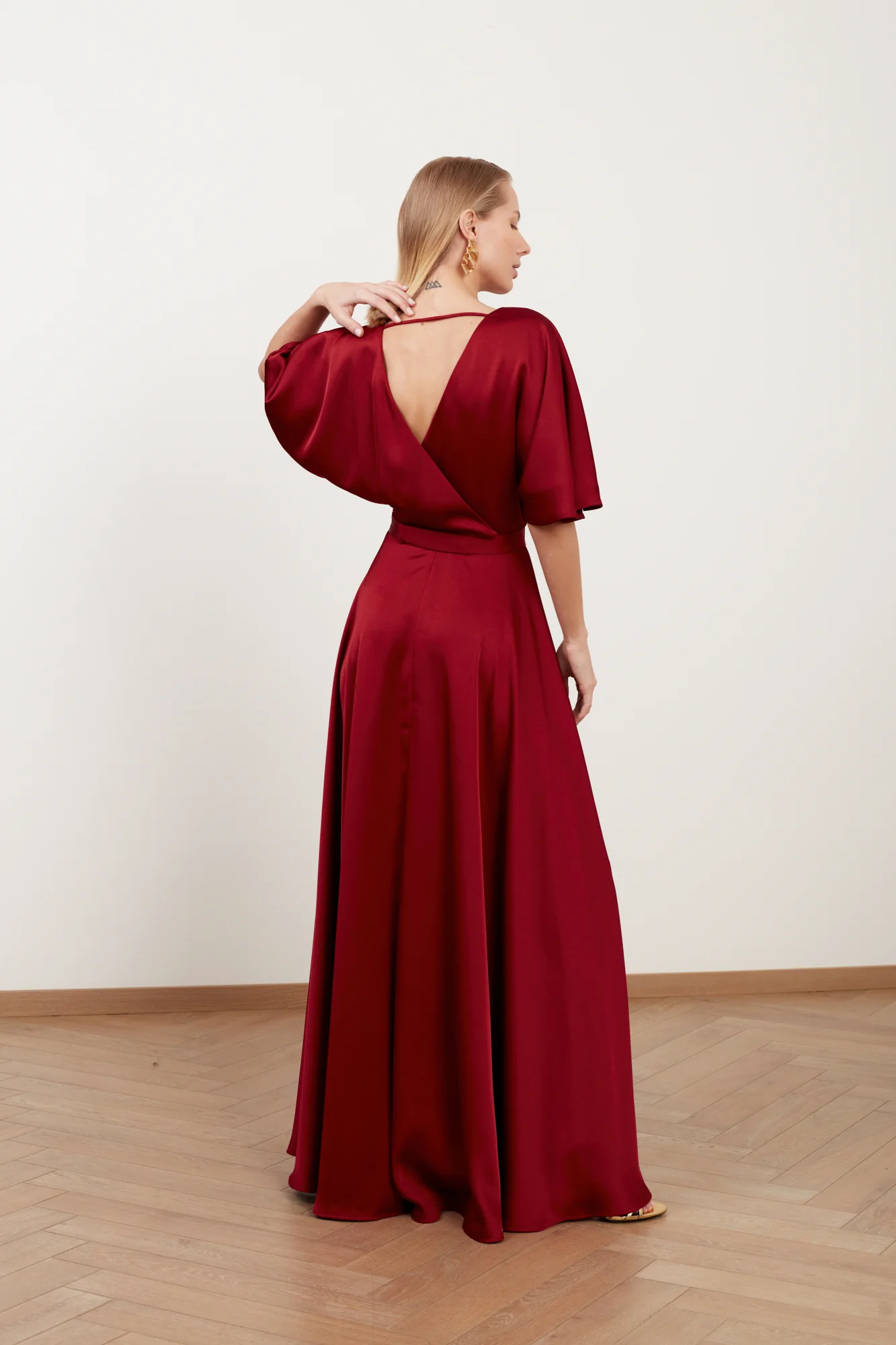 SOLENE burgundy red satin maxi evening dress - Image 5