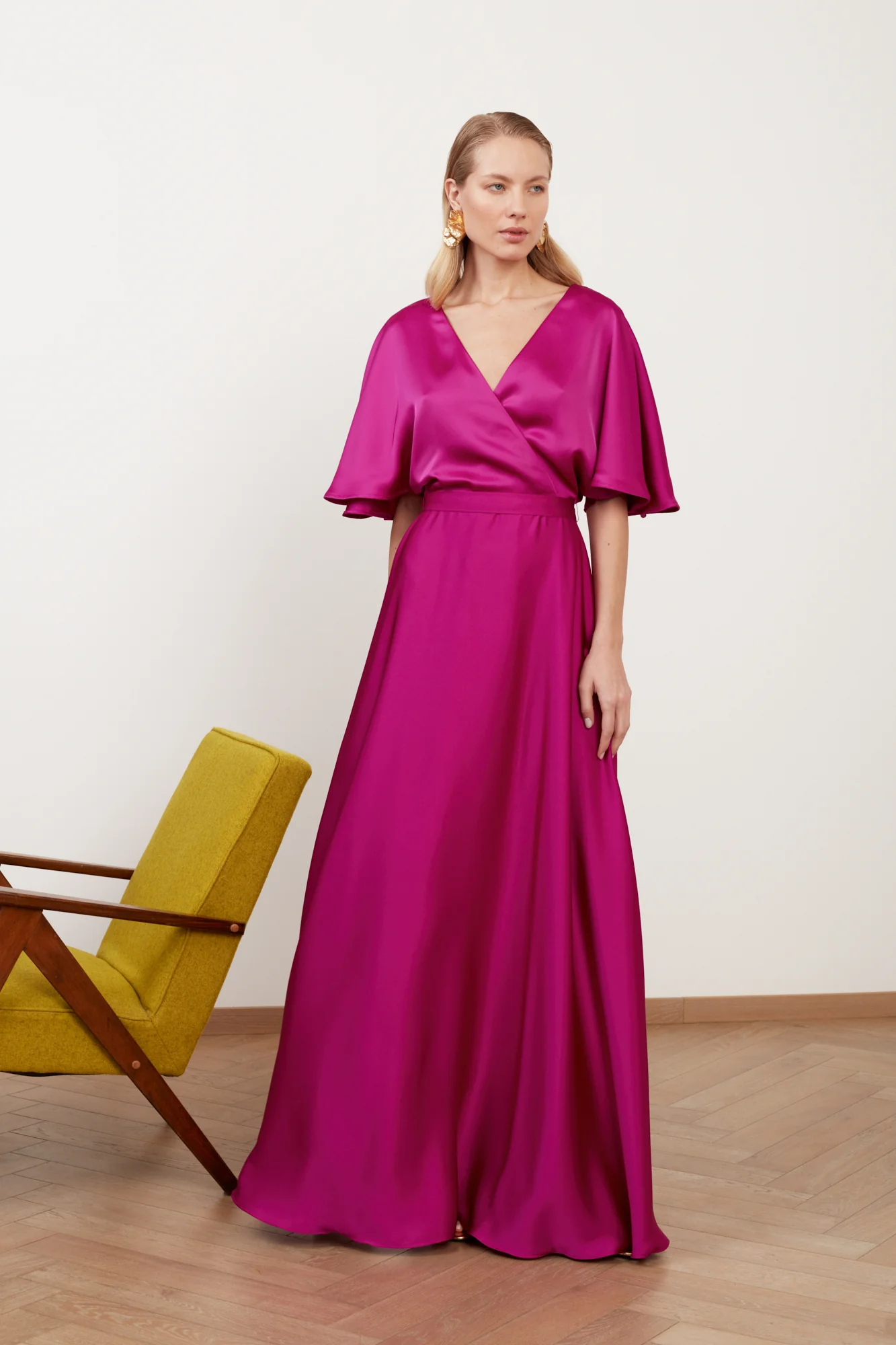 SOLENE fuchsia satin long wedding guest dress - Image 3