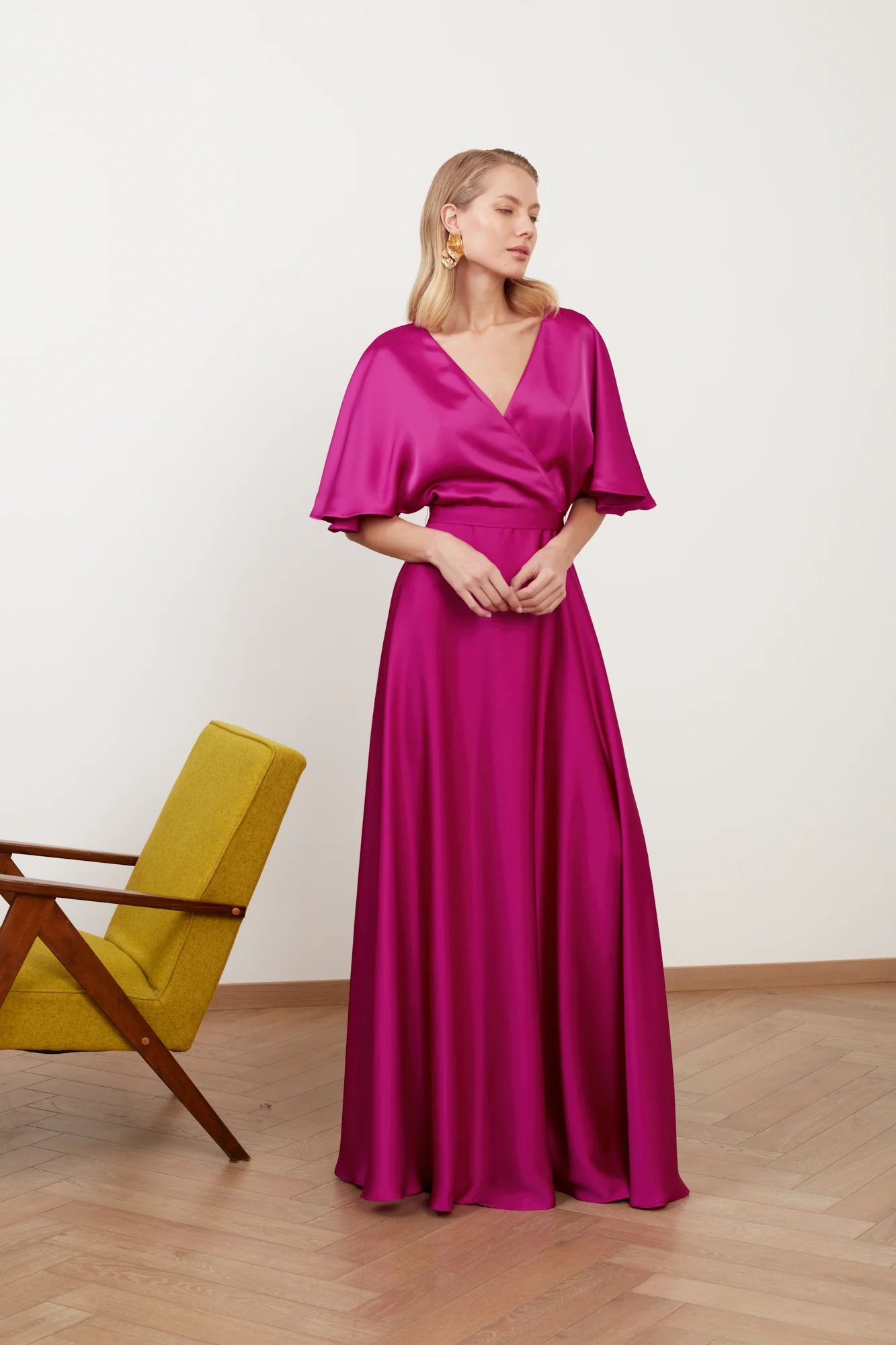 SOLENE fuchsia satin long wedding guest dress - Image 4