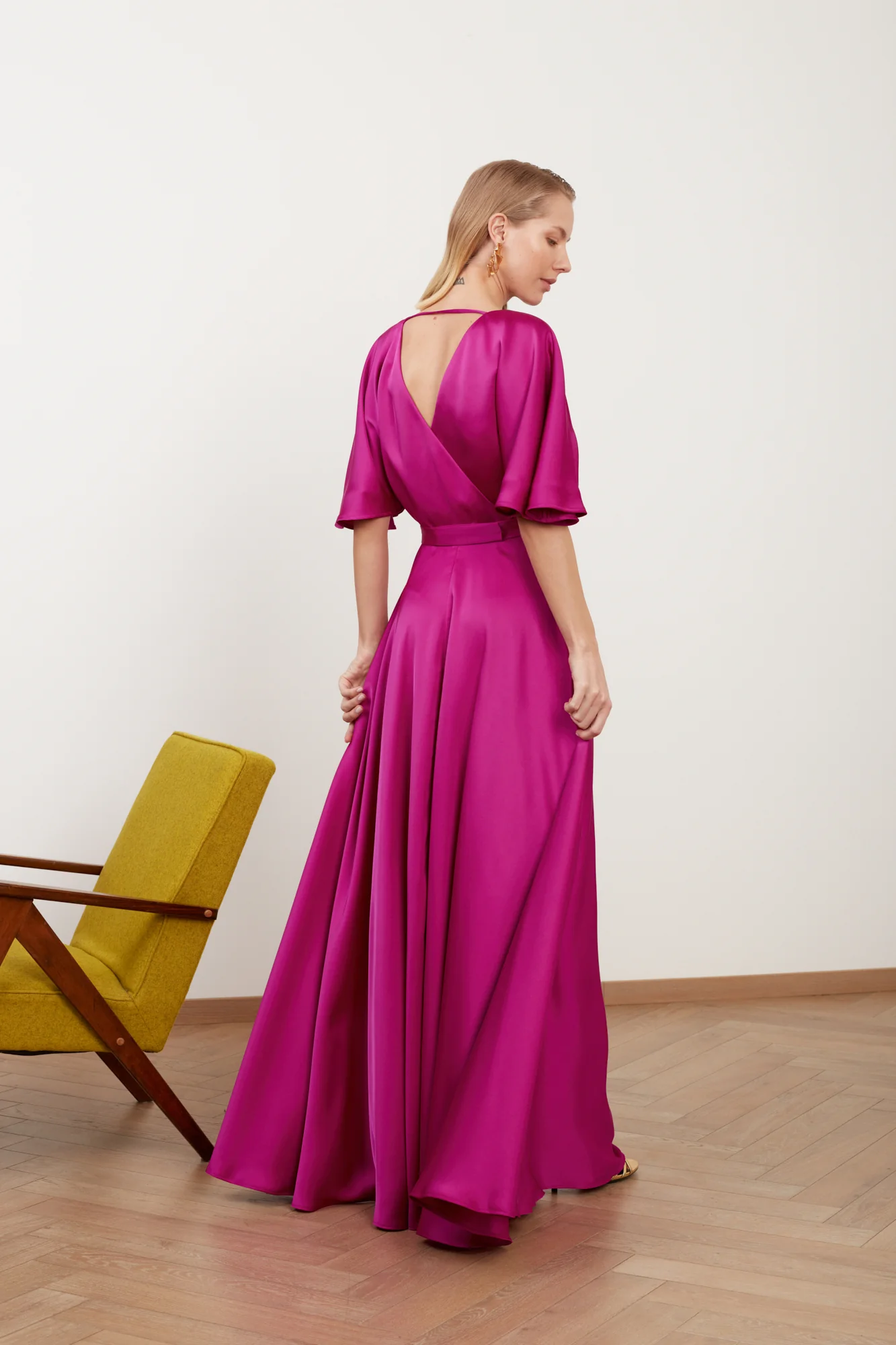 SOLENE fuchsia satin long wedding guest dress - Image 5