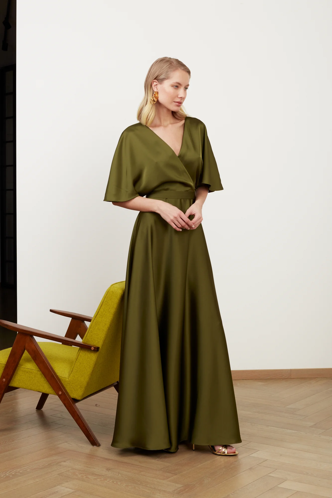 SOLENE olive green satin long dress for wedding guest - Image 3