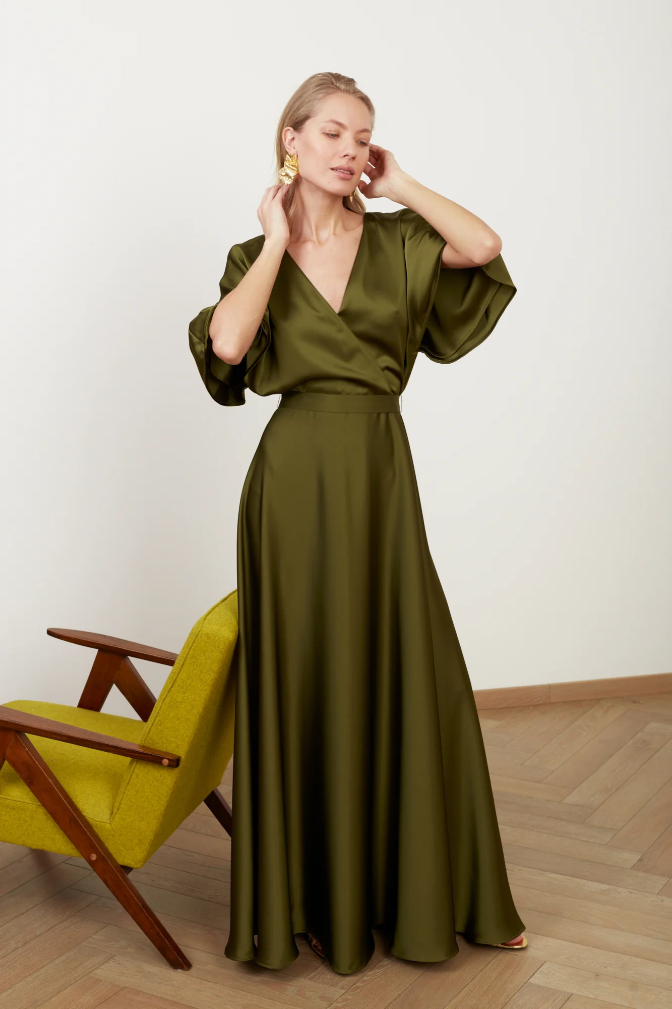 SOLENE olive green satin long dress for wedding guest - Image 4