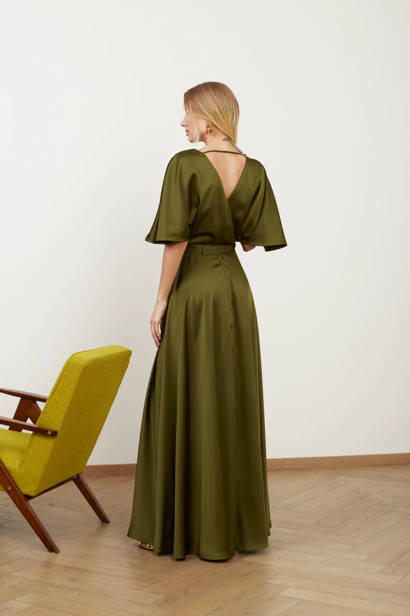 SOLENE olive green satin long dress for wedding guest - Image 5