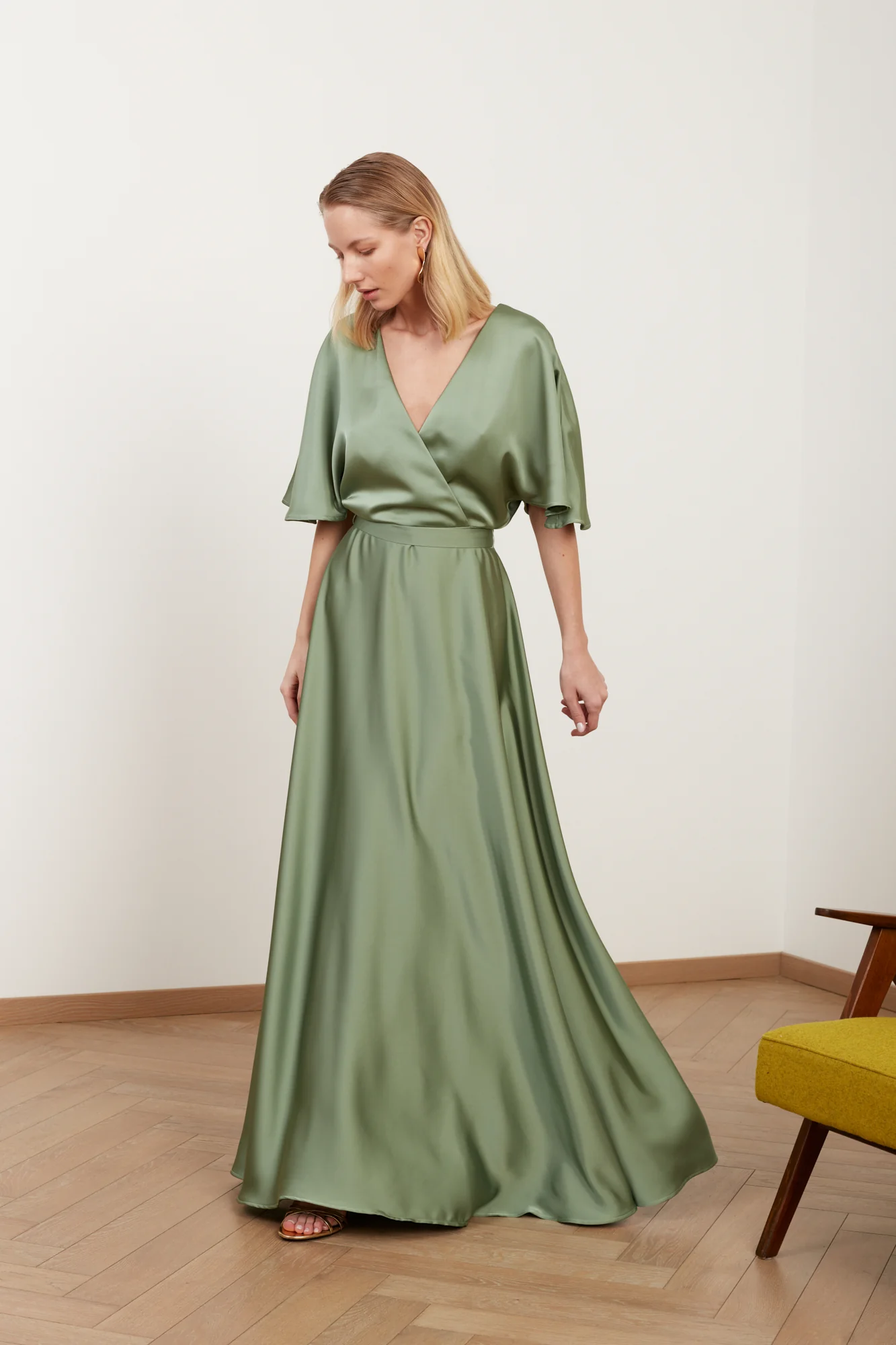 SOLENE sage green satin long wedding guest dress - Image 3
