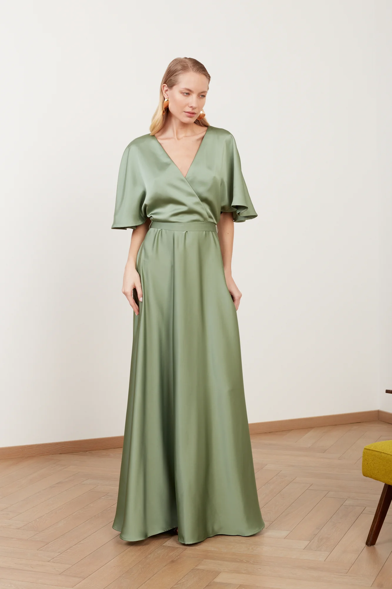 SOLENE sage green satin long wedding guest dress - Image 4