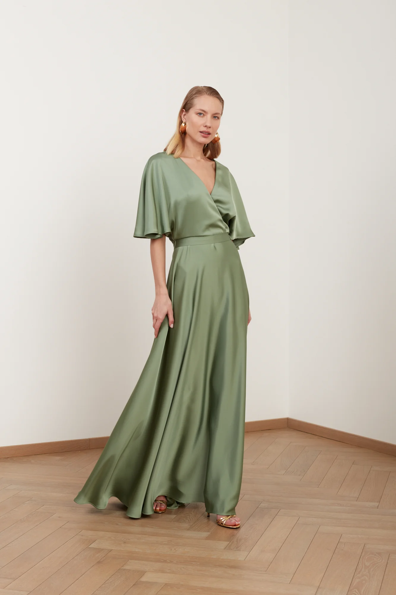 SOLENE sage green satin long wedding guest dress - Image 5