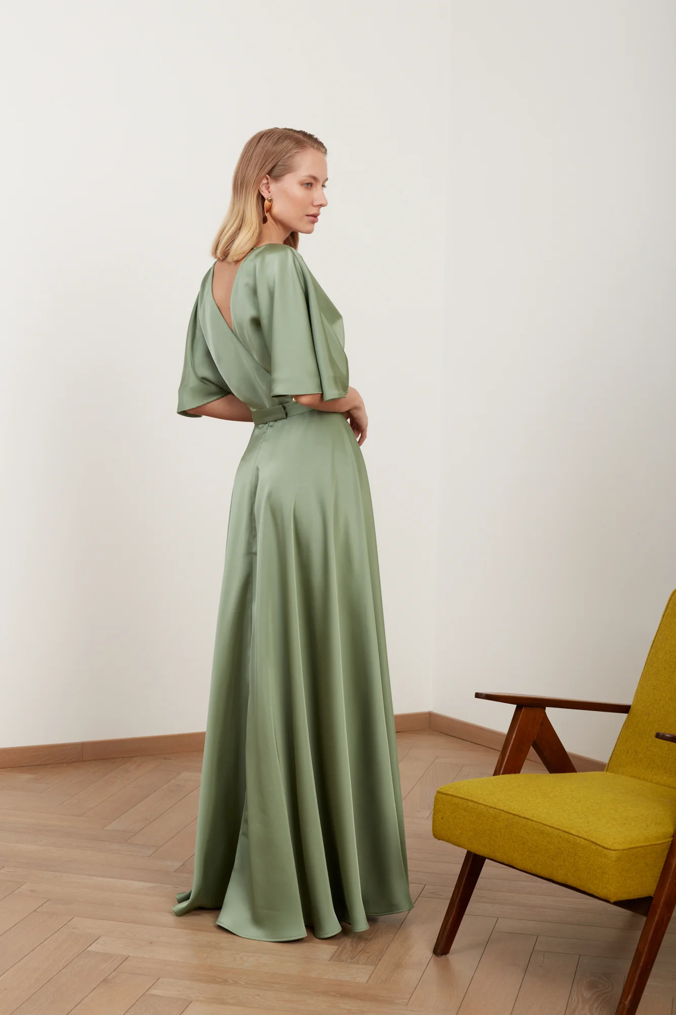 SOLENE sage green satin long wedding guest dress - Image 6