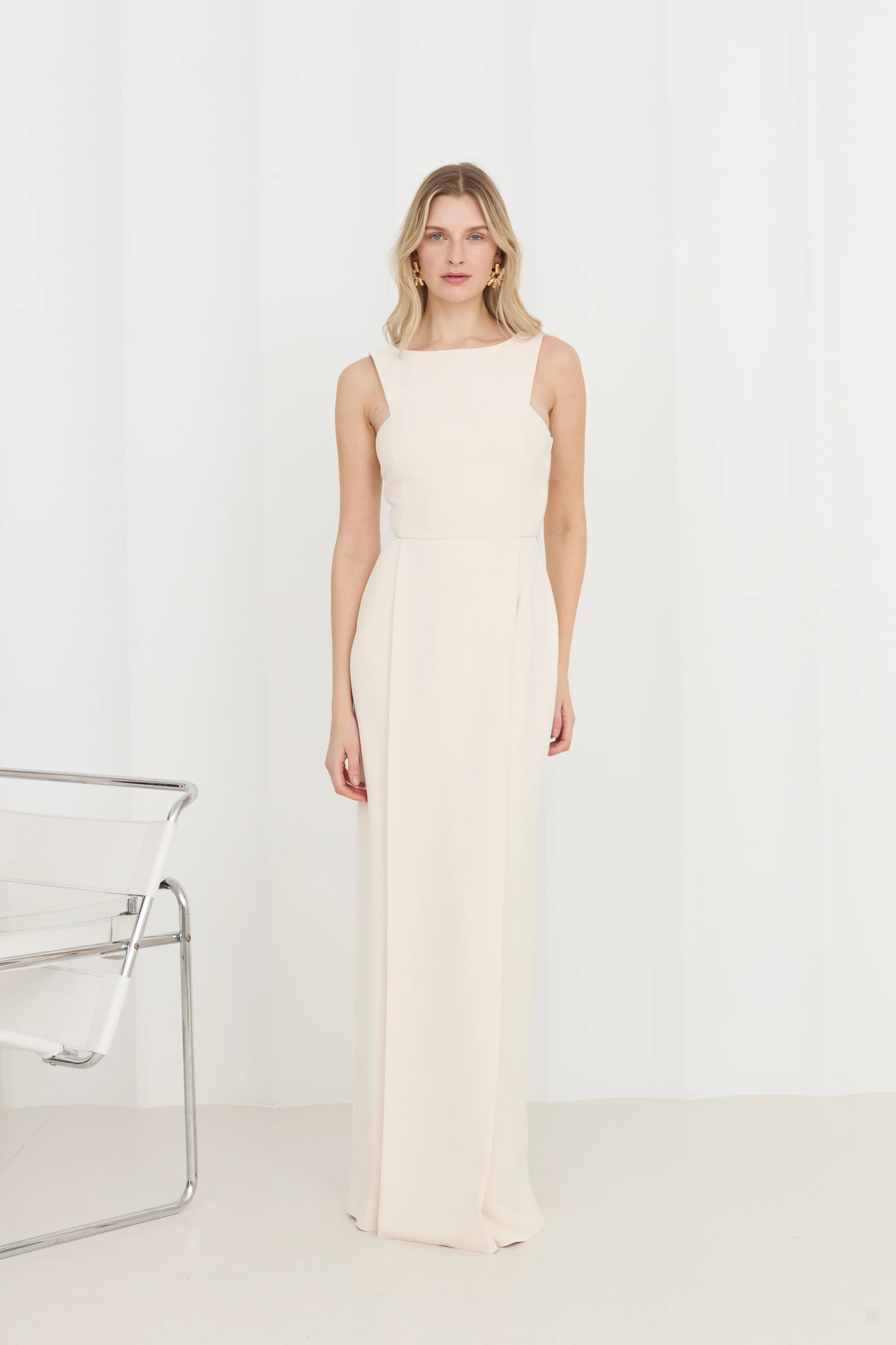 SONORA Pastel Cream Long Dress With Pleated Pencil Skirt - Image 3