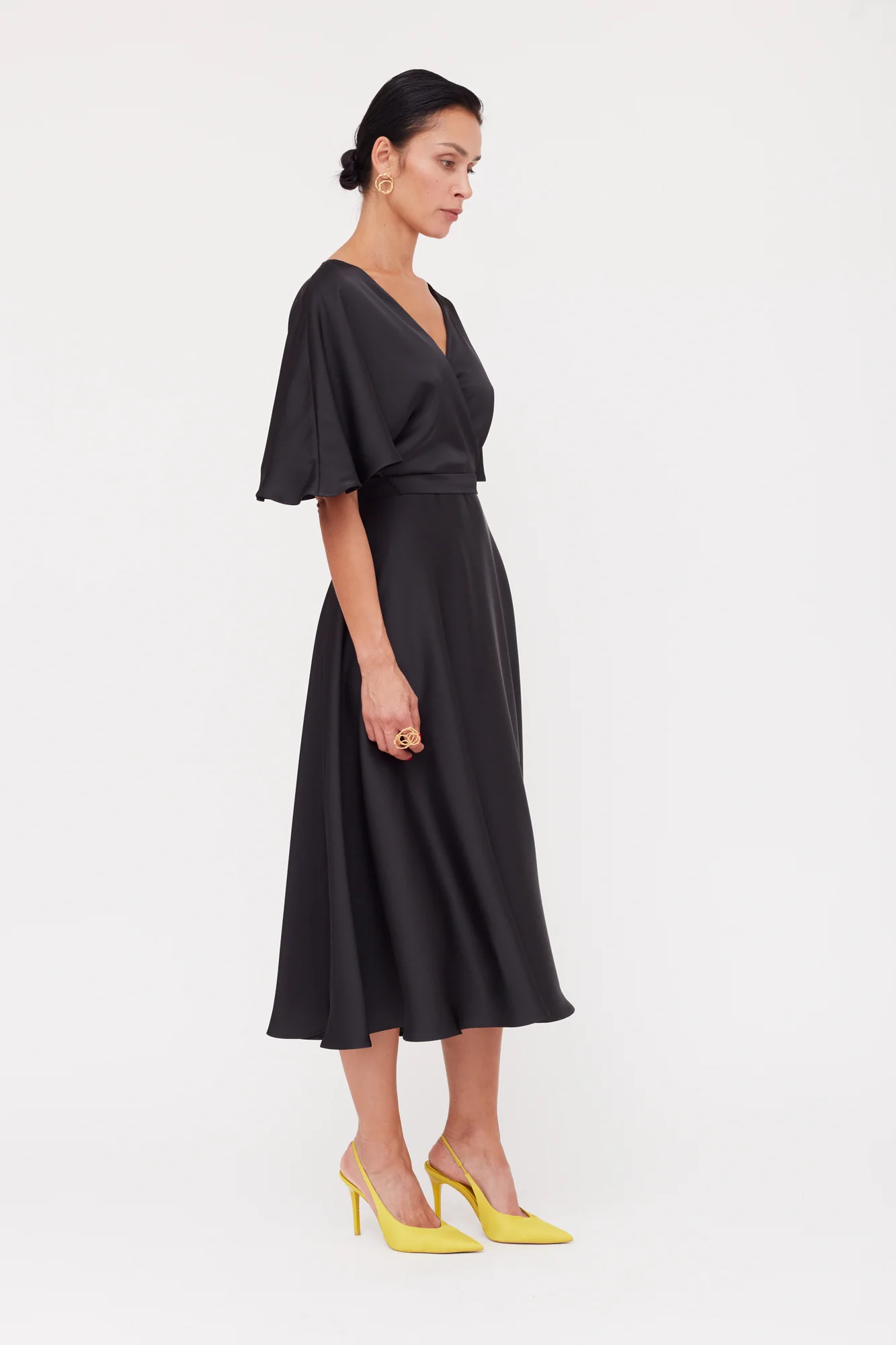 SONYA Black Satin Midi Cocktail Dress With Circle Skirt - Image 3
