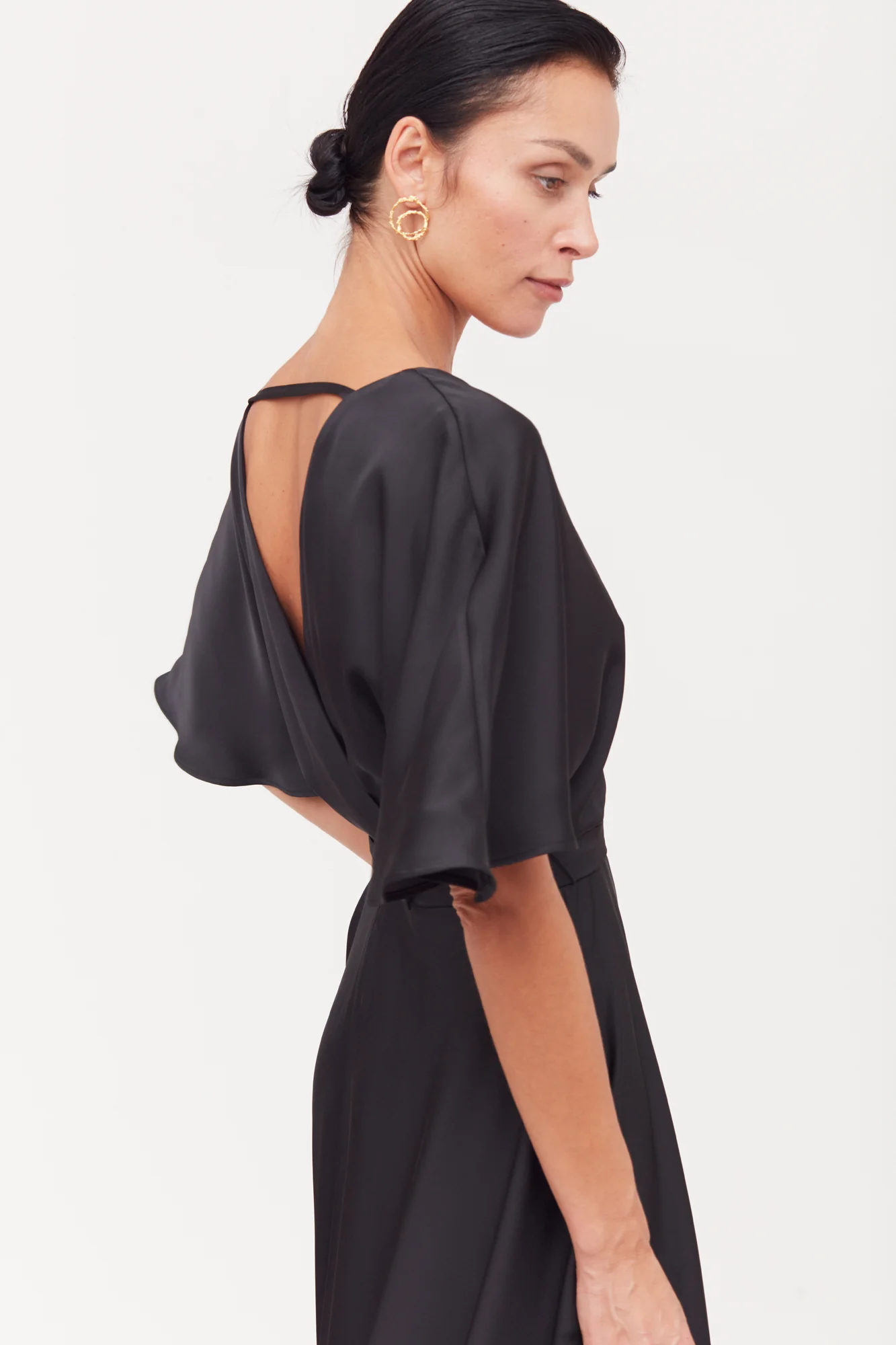 SONYA Black Satin Midi Cocktail Dress With Circle Skirt - Image 4