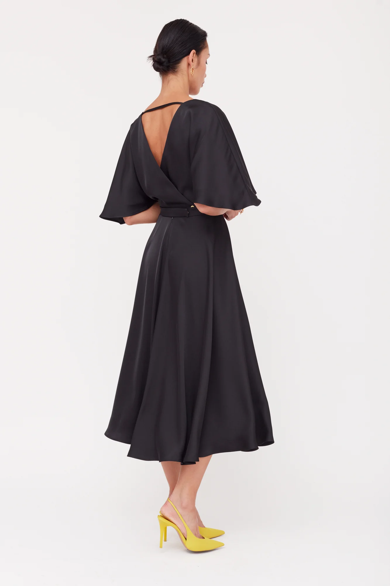 SONYA Black Satin Midi Cocktail Dress With Circle Skirt - Image 5