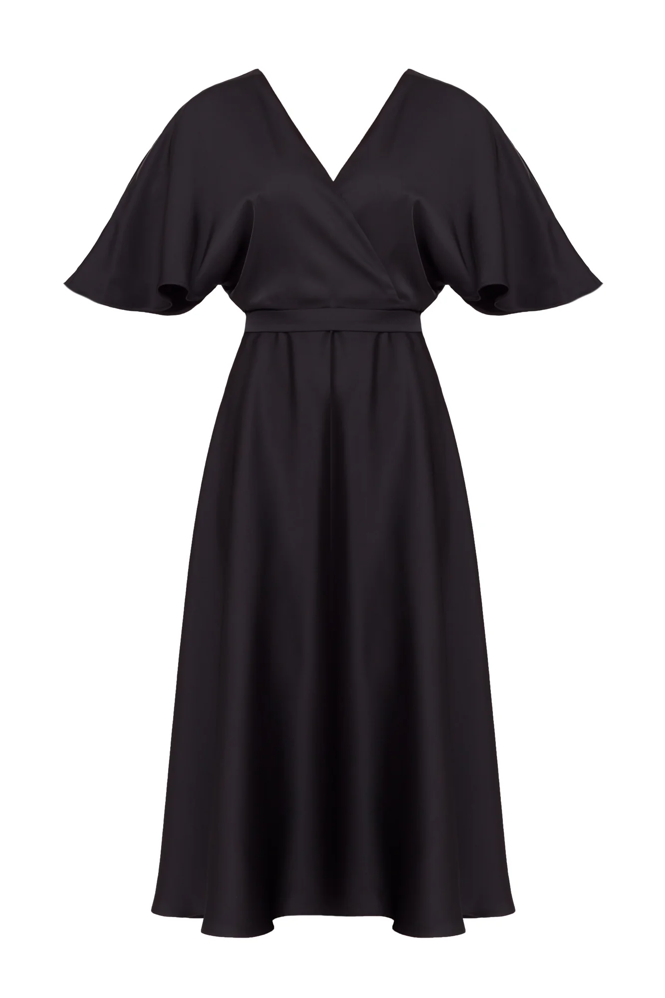 SONYA Black Satin Midi Cocktail Dress With Circle Skirt - Image 6