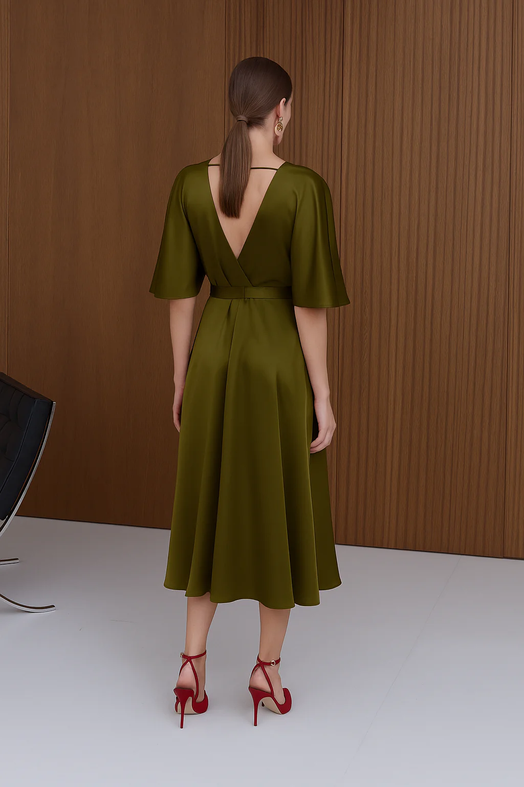 SONYA Olive Green Midi Cocktail Dress With Butterfly Sleeves - Image 2