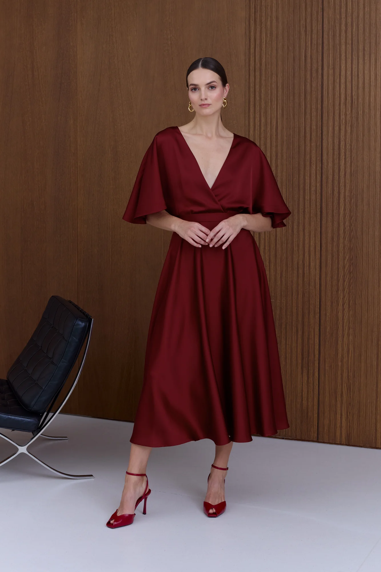 SONYA Red Midi Cocktail Dress with Butterfly Sleeves - Image 2