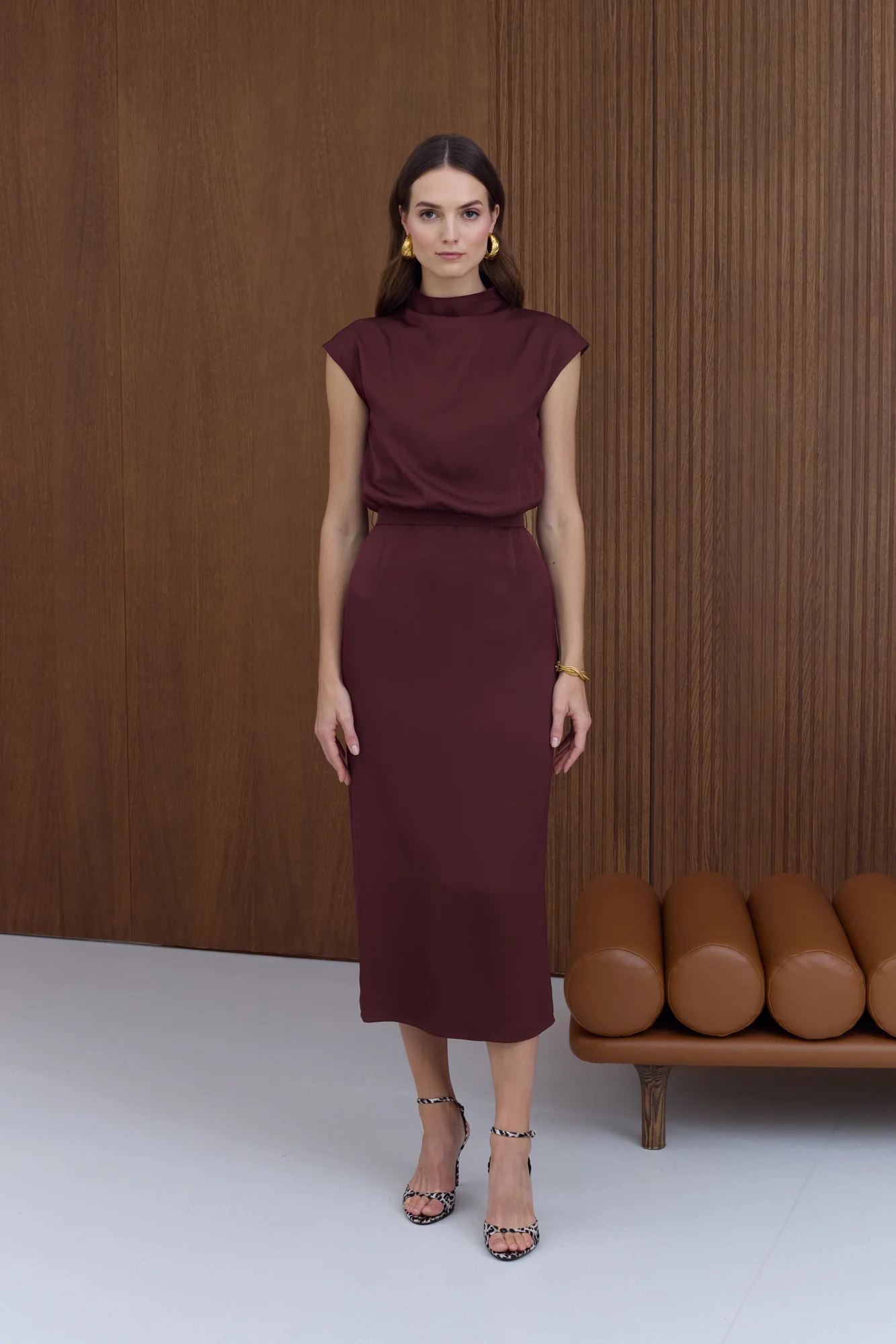 TESSA wine-red short kimono sleeves elegant midi dress - Image 3