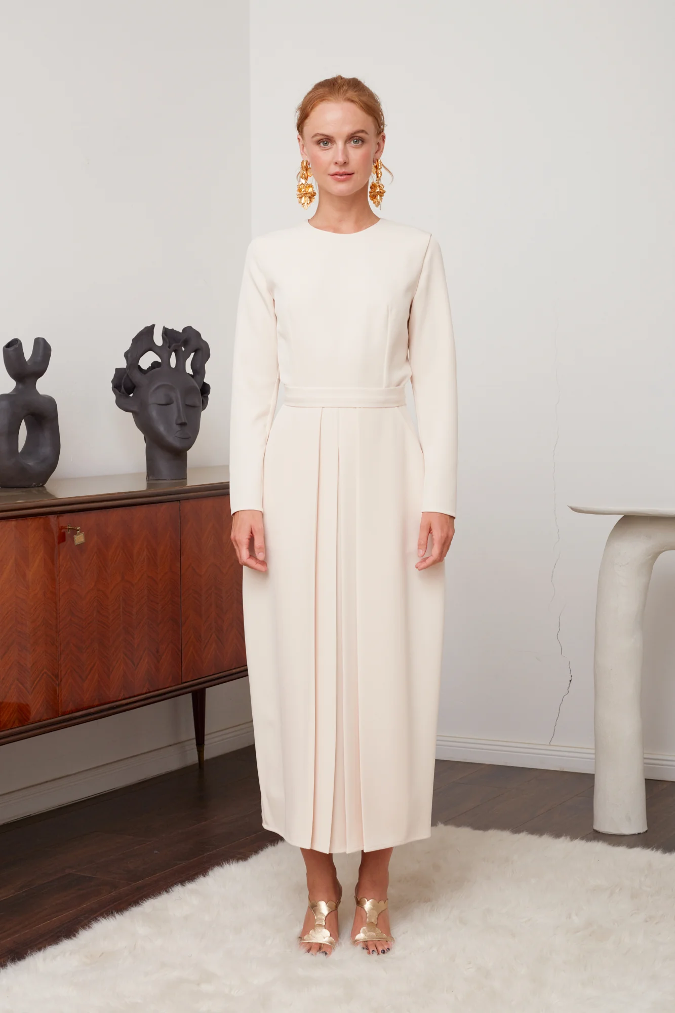 TILDA pastel cream classic pleated midi dress - Image 4