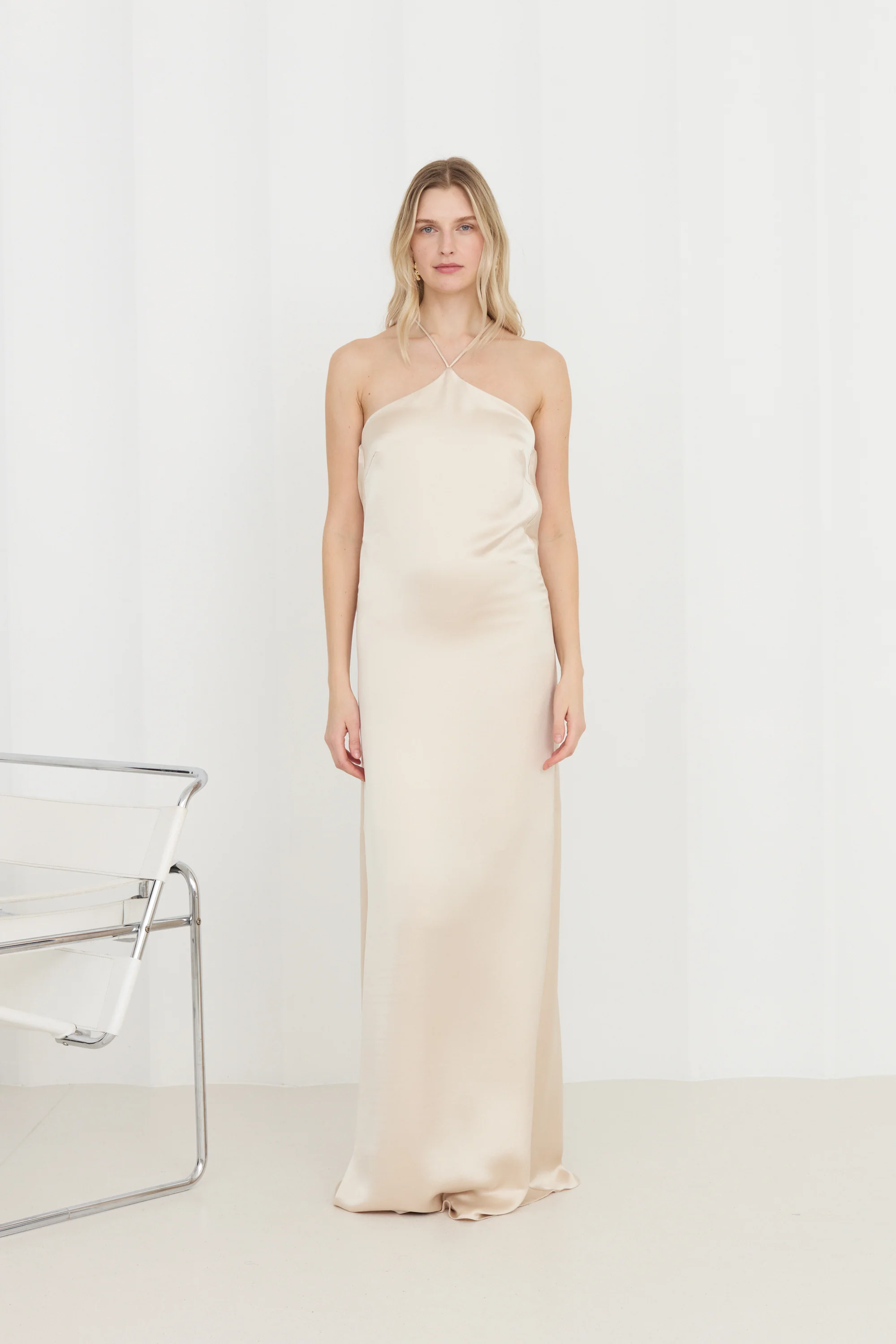 VERA Beige Long Evening Dress With Draped Back - Image 4