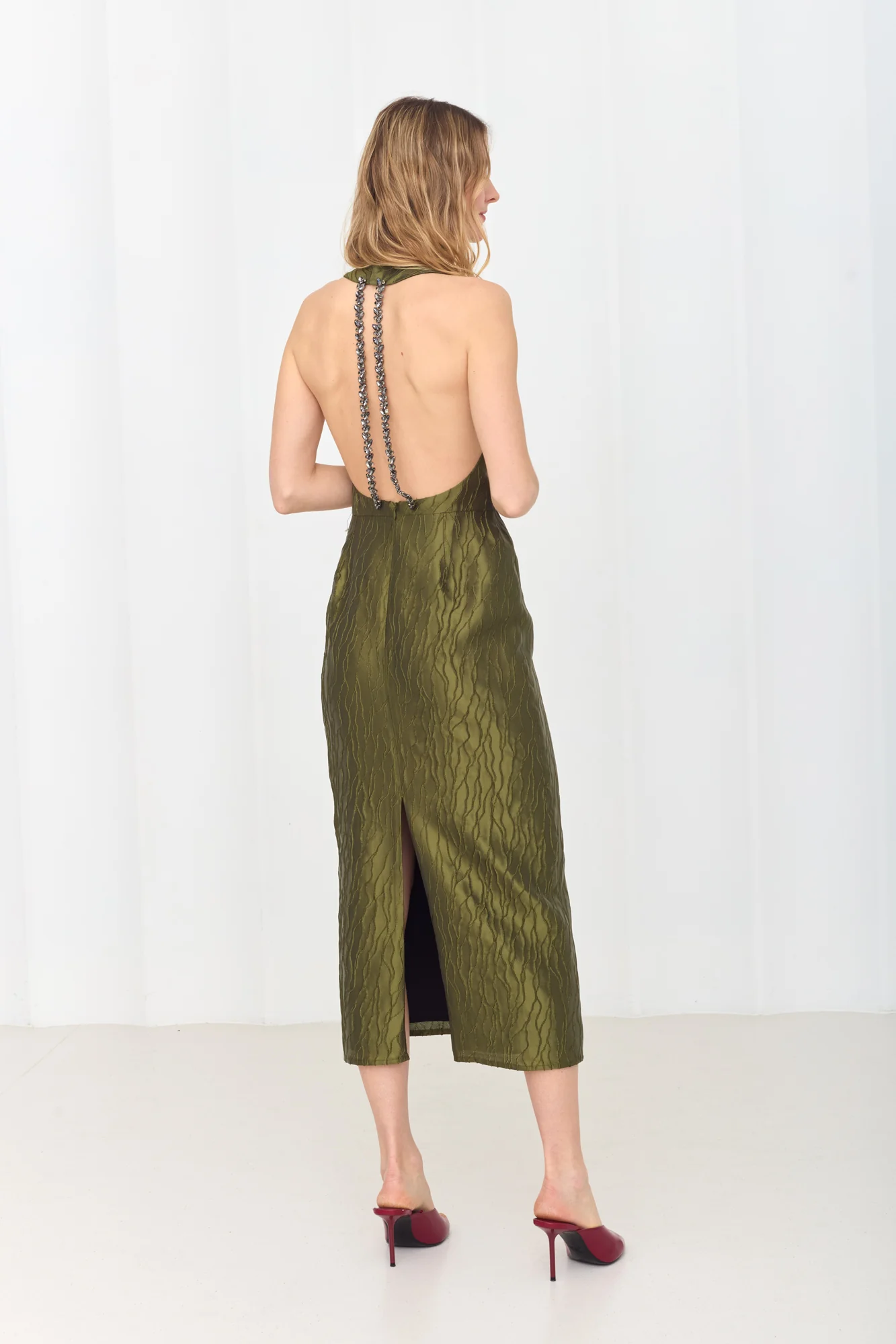 VERONICA Open Back Olive Green Midi Dress with Sparkling Crystals Back Chain - Image 4