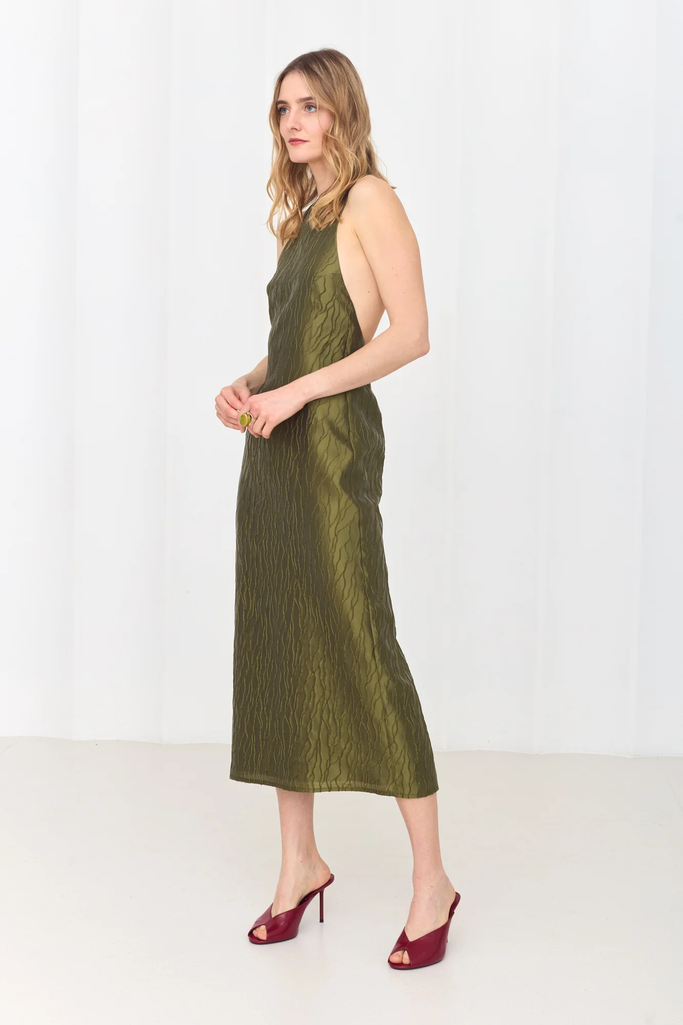 VERONICA Open Back Olive Green Midi Dress with Sparkling Crystals Back Chain - Image 5