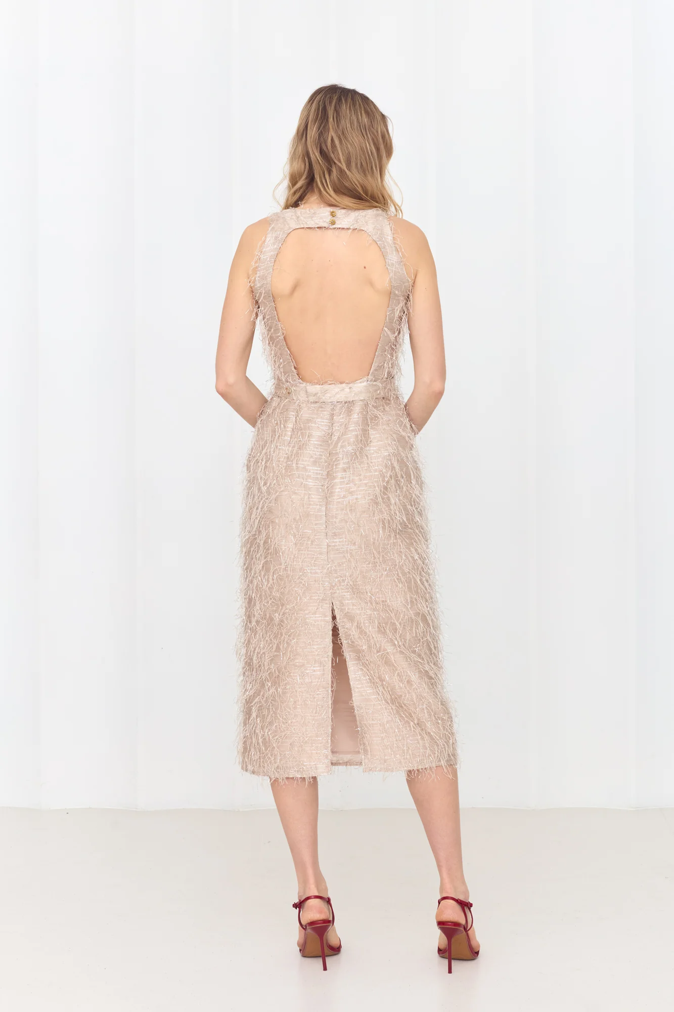 YEMA Pastel Feather Midi Dress With Open Back - Image 3