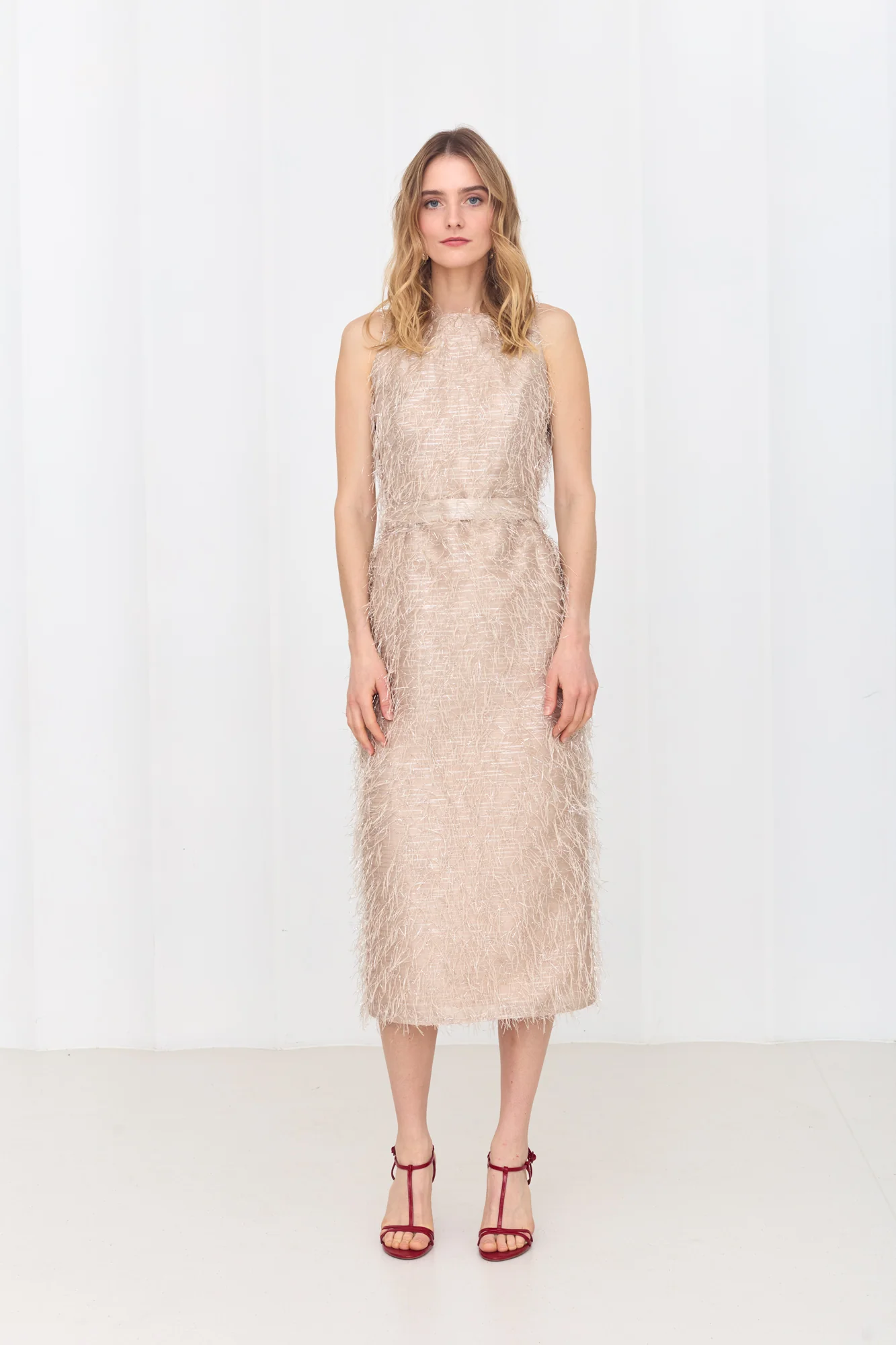 YEMA Pastel Feather Midi Dress With Open Back - Image 4
